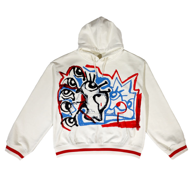 FEWOCiOUS Eye Eye Eye Hoodie featuring artistic eye motif screen-printing on cream French Terry cotton