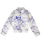 FEWOCiOUS Busy Busy Street Collar Jacket featuring urban-inspired screen printing on white cotton twill