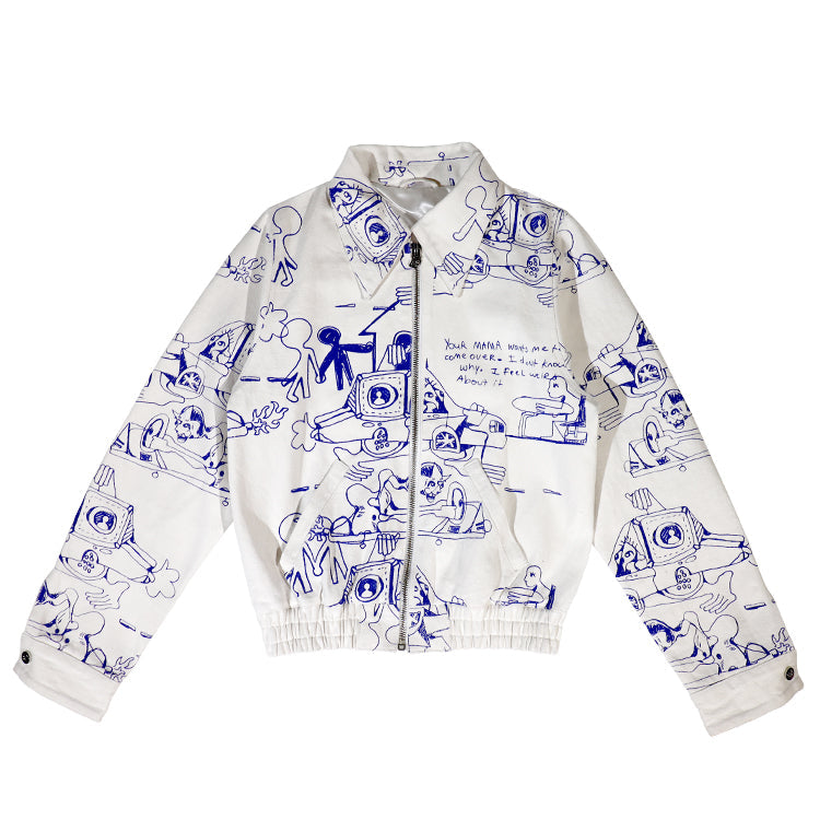 FEWOCiOUS Busy Busy Street Collar Jacket featuring urban-inspired screen printing on white cotton twill