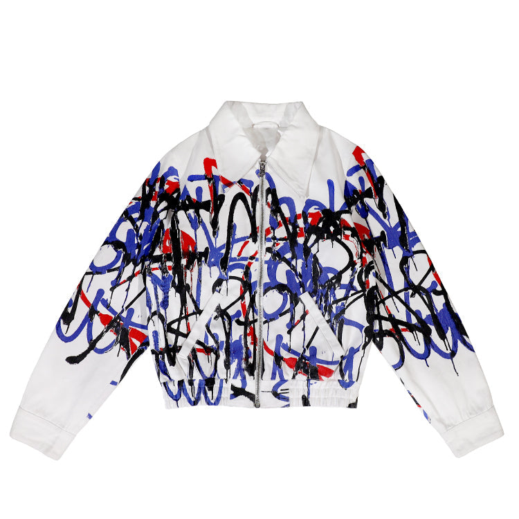FEWOCiOUS SprayPainted Collar Jacket featuring artistic screen printing on white cotton twill