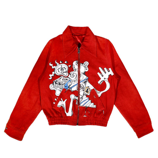 FEWOCiOUS Wandering Red Collar Jacket featuring artistic screen printing on red cotton twill