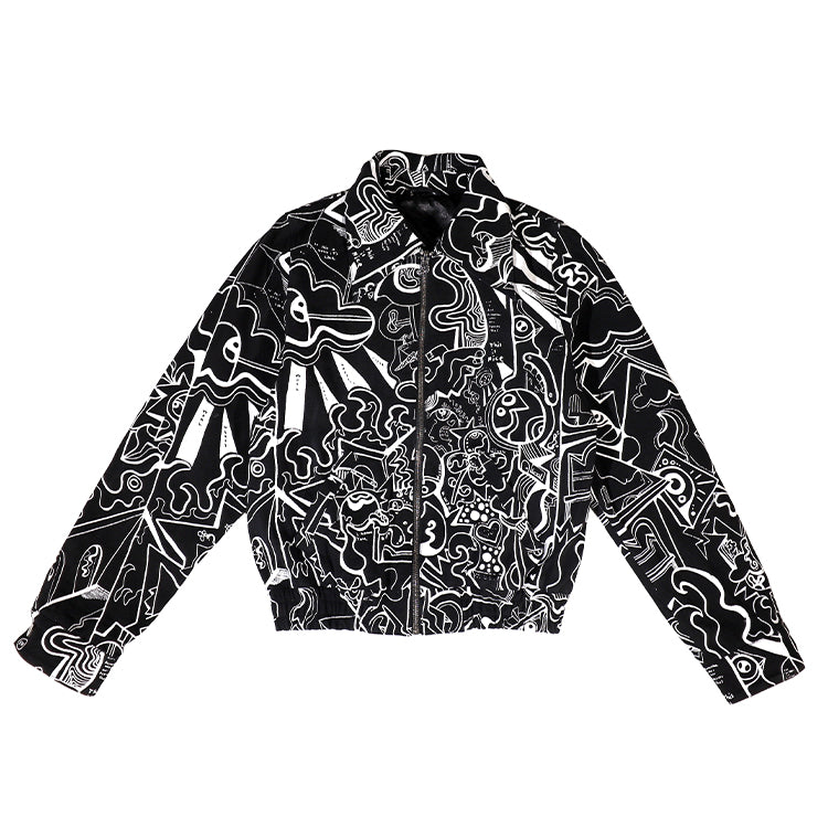 FEWOCiOUS B&W Linework Collar Jacket featuring detailed screen printing on black cotton twill