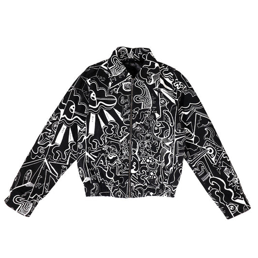 FEWOCiOUS B&W Linework Collar Jacket featuring detailed screen printing on black cotton twill