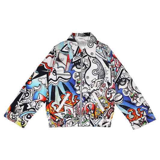 FEWOCiOUS Multicolor Linework Collar Jacket featuring vibrant DTG printing on white cotton twill