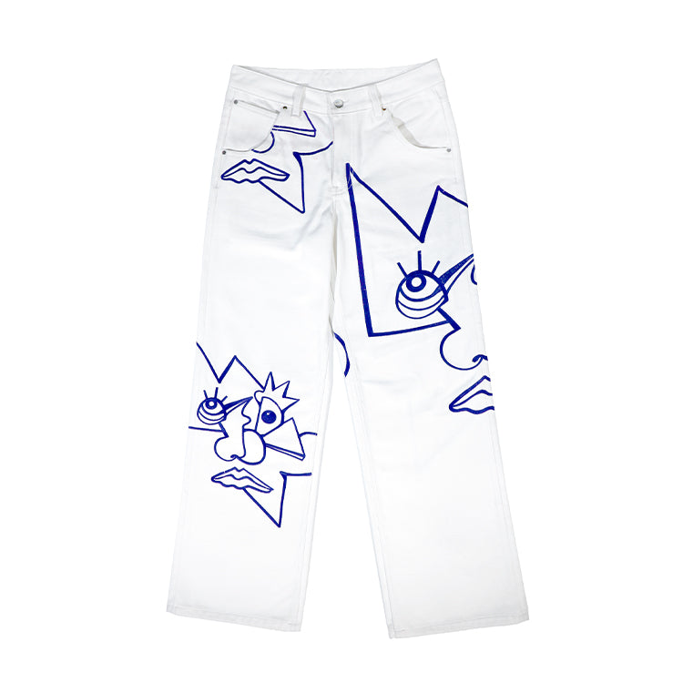 FEWOCiOUS Faces Embroidered Jeans featuring detailed embroidery on white denim