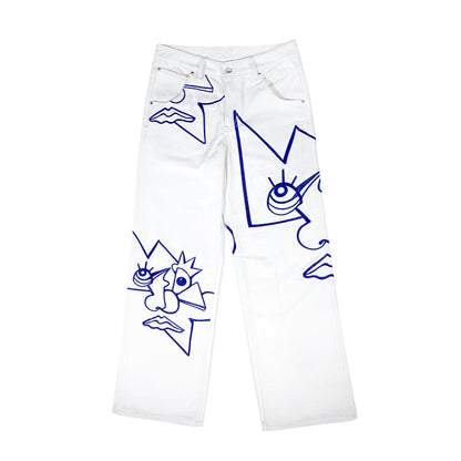 FEWOCiOUS Faces Embroidered Jeans featuring detailed embroidery on white denim