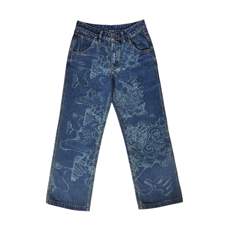 FEWOCiOUS Laser Linework Jeans featuring precise laser-etched artwork on washed indigo denim