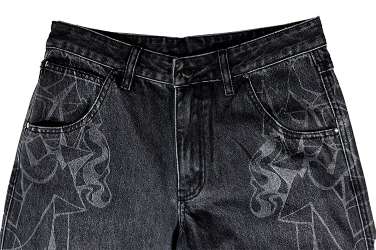 Cowboy B&W Linework Jeans - Chipped