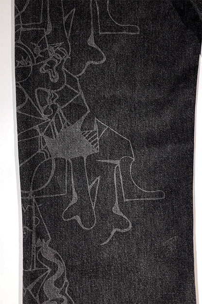 Cowboy B&W Linework Jeans - Chipped