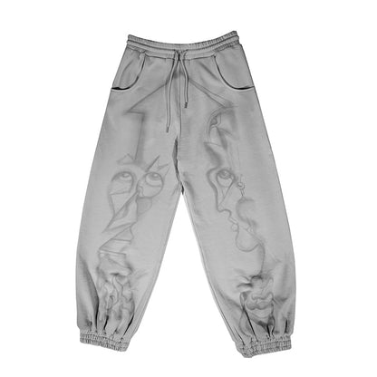 FEWOCiOUS Airbrushed Sweatpants featuring artistic screen-printed design on grey French Terry cotton