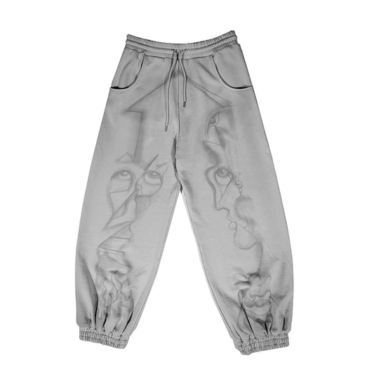 FEWOCiOUS Airbrushed Sweatpants featuring artistic screen-printed design on grey French Terry cotton