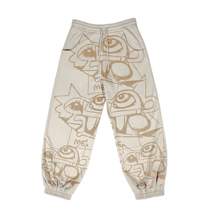 FEWOCiOUS Cream Sweatpants featuring artistic screen-printed design on tan French Terry cotton