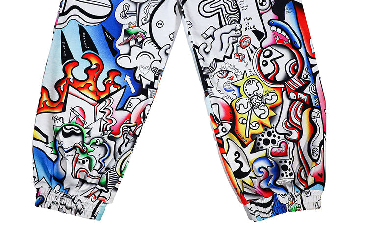 FEWOCiOUS Multicolor Linework Sweatpants featuring vibrant DTG printed design on white French Terry cotton