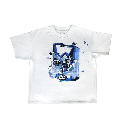 FEWOCiOUS Here I Am Painted Shirt featuring bold screen-printed artwork on white cotton jersey